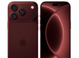 Front and back of a burgundy iPhone on a white set