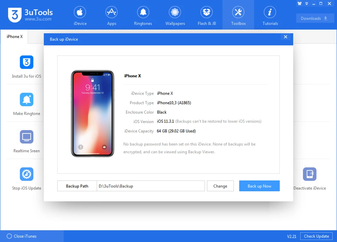 3uTools backup dialog for an iPhone X with capacity and save path