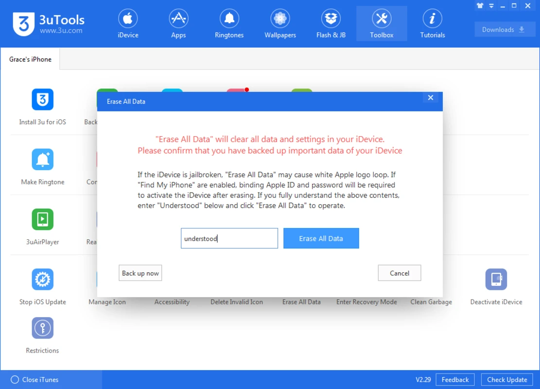 3uTools erase dialog that asks for typed confirmation