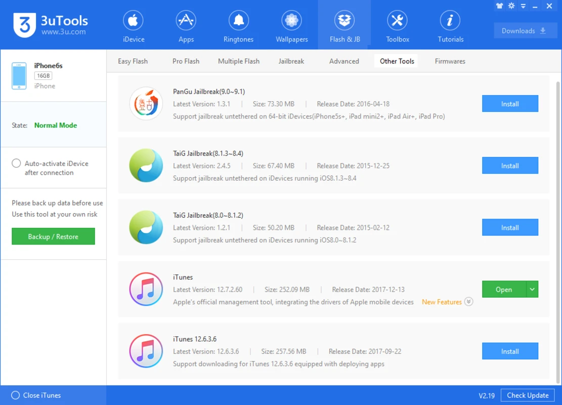 3uTools Flash and JB pane with jailbreak and iTunes helpers