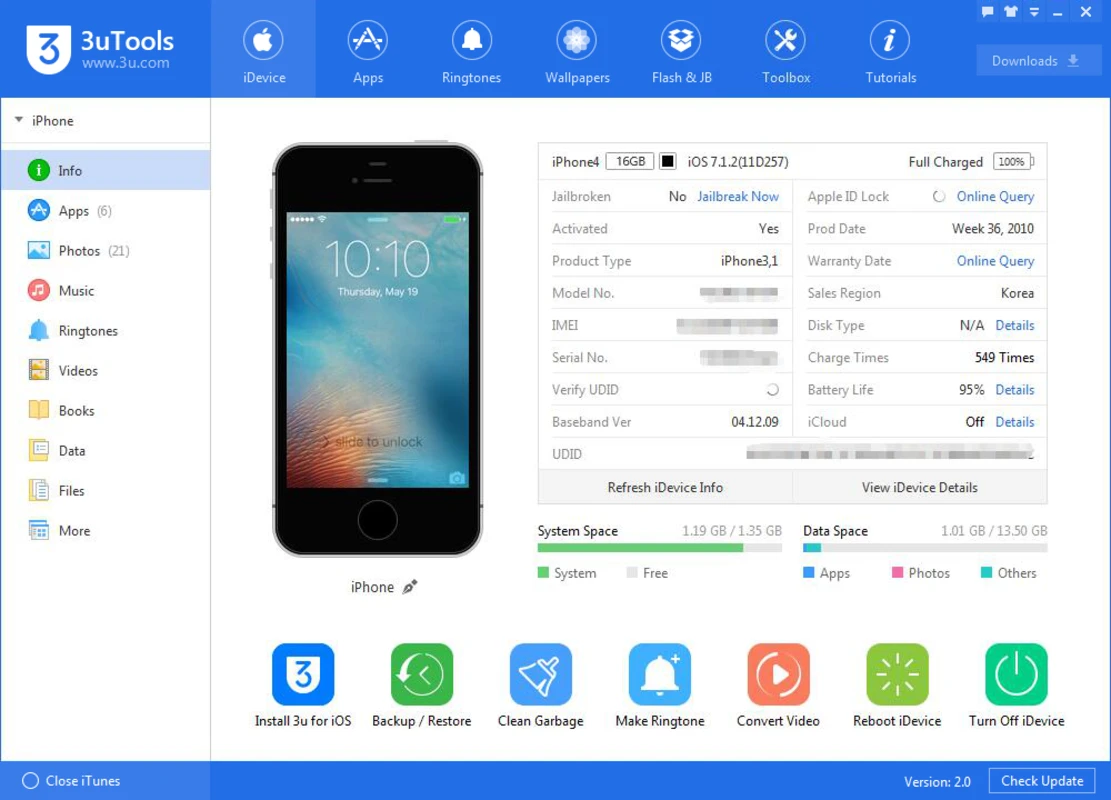 3uTools window listing a connected iPhone, battery, IMEI, and storage