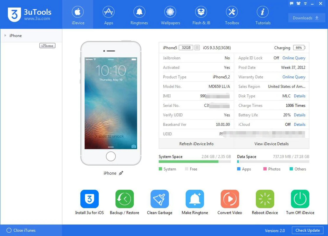 3uTools device info with a white iPhone, battery life, IMEI, and storage bars