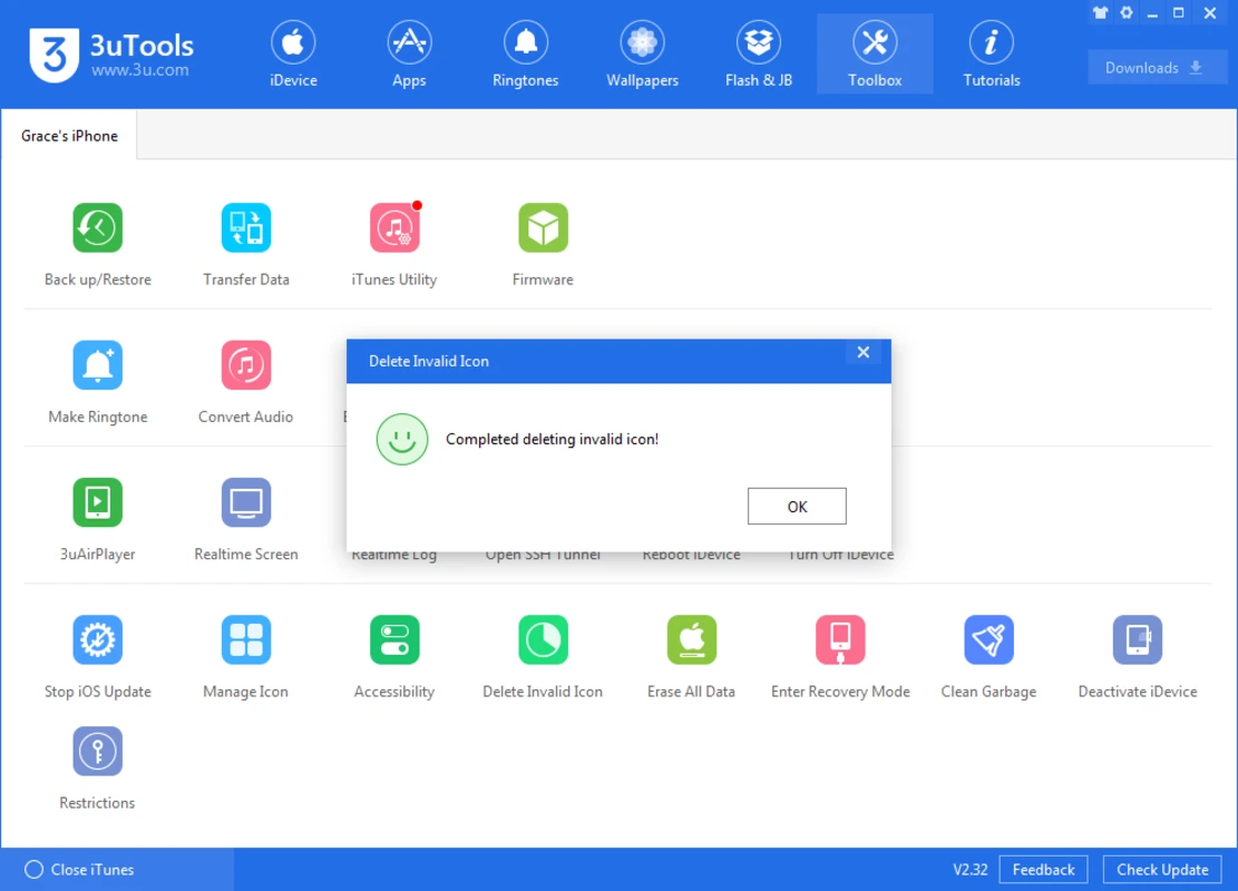 3uTools Toolbox after removing an invalid icon